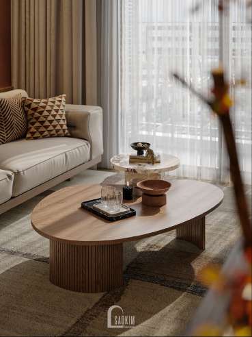 Phòng khách với bố cục hợp lí tại chung cư Khai Sơn City phong cách Mid-century
